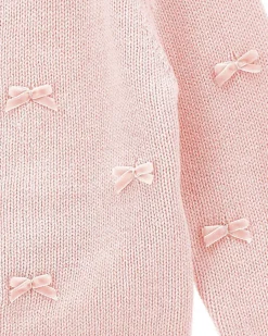 Maglioncino Monnalisa rosa in misto cotone e lana con fiocchetti ricamati all over