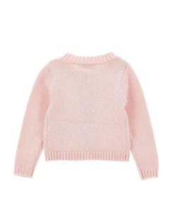 Maglioncino Monnalisa rosa in misto cotone e lana con fiocchetti ricamati all over