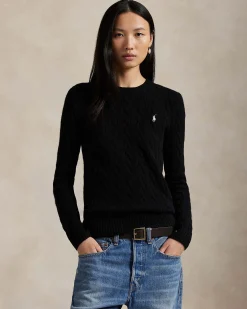 Maglioncino nero Polo Ralph Lauren in lana e cashmere a trecce con scollo a giro e logo ricamato sul petto