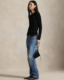 Maglioncino nero Polo Ralph Lauren in lana e cashmere a trecce con scollo a giro e logo ricamato sul petto