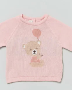 Maglioncino rosa girocollo in pura lana con orsetto jacquard