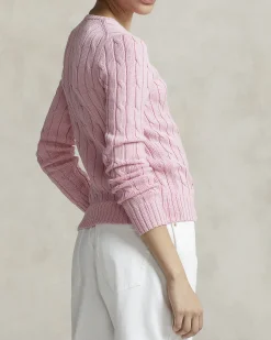 Maglioncino rosa in cotone lavorazione a trecce con logo azzurro ricamato sul petto