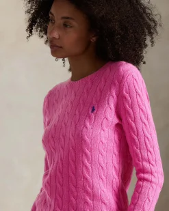 Maglioncino rosa Polo Ralph Lauren in lana e cashmere a trecce con scollo a giro e logo ricamato sul petto