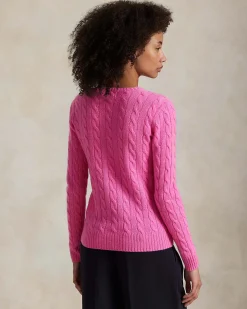 Maglioncino rosa Polo Ralph Lauren in lana e cashmere a trecce con scollo a giro e logo ricamato sul petto
