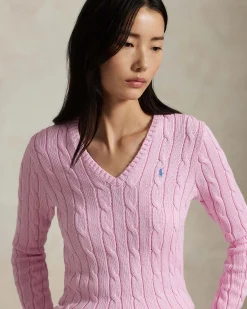 Maglioncino rosa Polo Ralph Lauren in pima cotton a trecce con scollo a V e logo ricamato sul petto