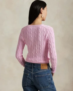 Maglioncino rosa Polo Ralph Lauren in pima cotton a trecce con scollo a V e logo ricamato sul petto