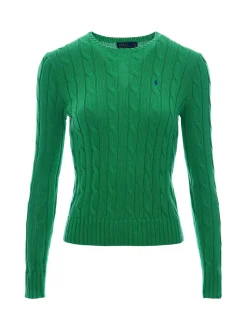 Maglioncino verde in cotone lavorazione a trecce con logo blu