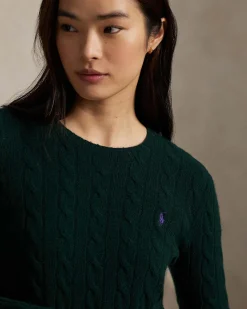Maglioncino verde scuro Polo Ralph Lauren in lana e cashmere a trecce con scollo a giro e logo ricamato sul petto