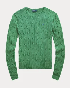 Maglioncino verde smeraldo in cotone lavorazione a trecce con logo blu ricamato