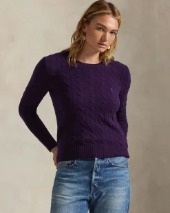 Maglioncino viola Polo Ralph Lauren in lana e cashmere a trecce con scollo a giro e logo ricamato sul petto