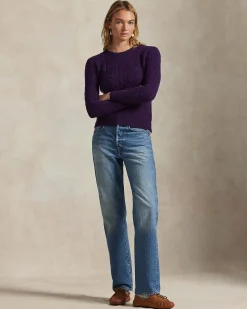 Maglioncino viola Polo Ralph Lauren in lana e cashmere a trecce con scollo a giro e logo ricamato sul petto