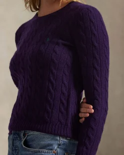 Maglioncino viola Polo Ralph Lauren in lana e cashmere a trecce con scollo a giro e logo ricamato sul petto