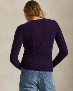 Maglioncino viola Polo Ralph Lauren in lana e cashmere a trecce con scollo a giro e logo ricamato sul petto