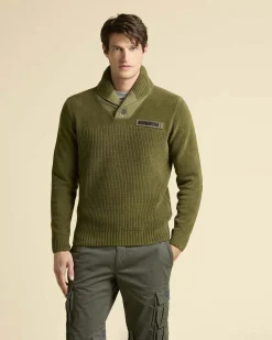 Maglione Aeronautica Militare verde militare in ciniglia con collo a scialle