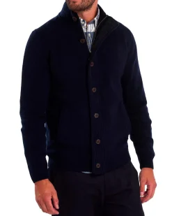 Maglione Barbour blu in pura lana con doppia chiusura zip e bottoni