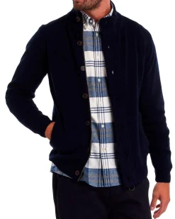 Maglione Barbour blu in pura lana con doppia chiusura zip e bottoni