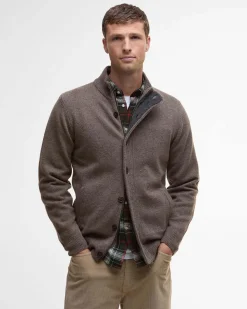 Maglione Barbour color noce in pura lana con doppia chiusura zip e bottoni