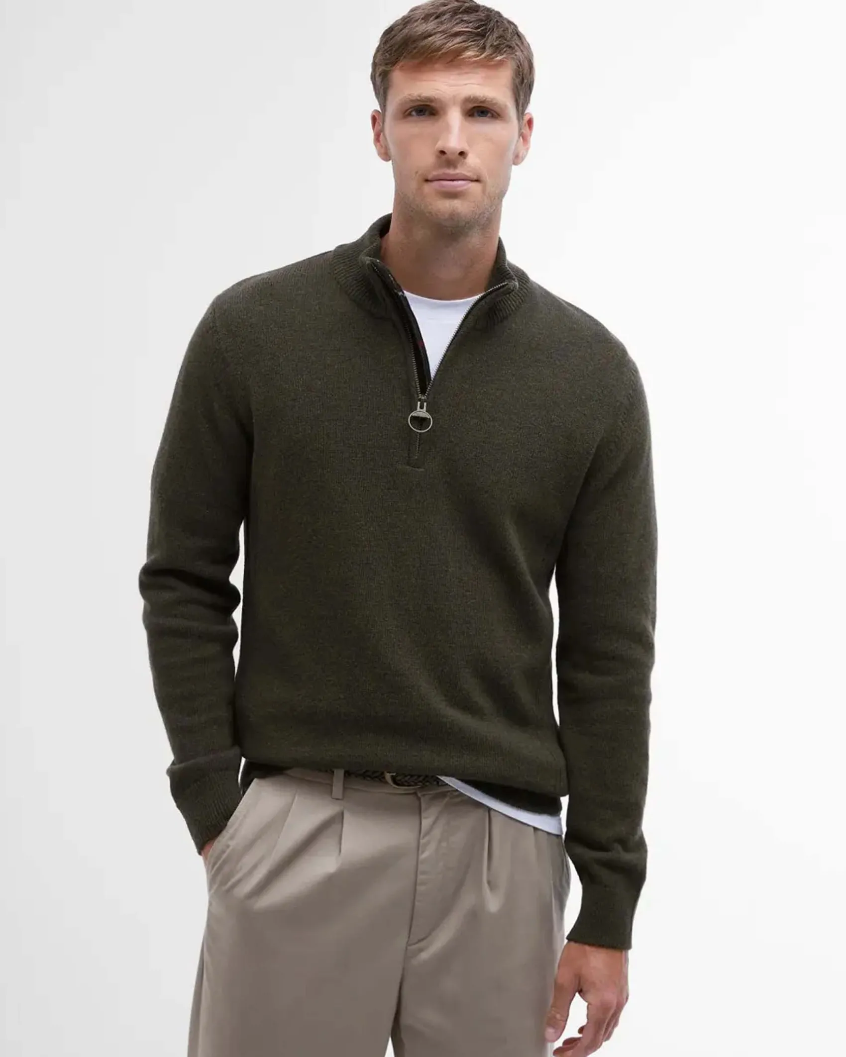 Maglione Barbour verde militare in pura lana con apertura a mezza zip
