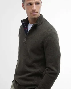 Maglione Barbour verde militare in pura lana con apertura a mezza zip
