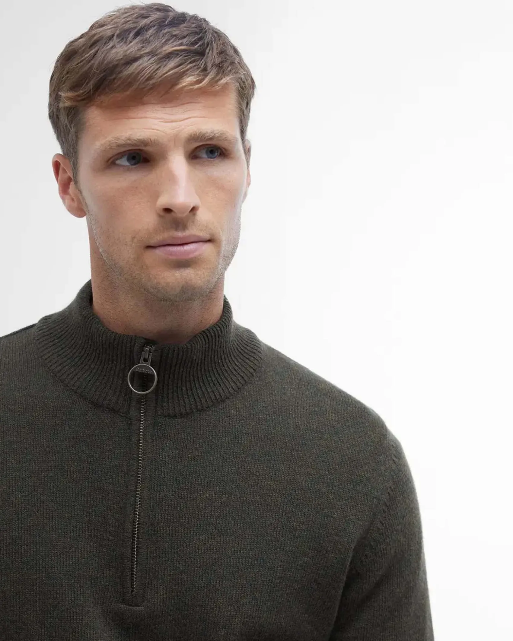 Maglione Barbour verde militare in pura lana con apertura a mezza zip