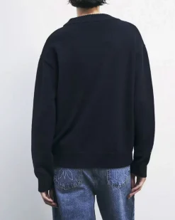 Maglione blu Patrizia Pepe in misto lana con scritta logo jacquard bianca sul davanti
