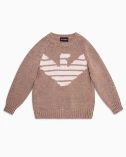 Maglione Emporio Armani color cammello in misto lana con maxi logo aquila jacquard e manica raglan