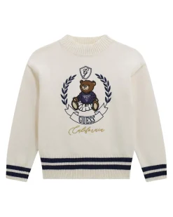 Maglione Guess in misto viscosa panna e blu con orsetta