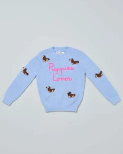 Maglione MC2 Saint Barth azzurro in misto alpaca con cagnolini e scritta Puppies Lover ricamati