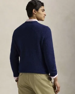 Maglione Polo Ralph Lauren blu indaco in misto lana e alpaca con logo pony in contrasto ricamato sul petto