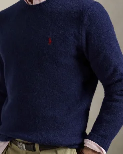 Maglione Polo Ralph Lauren blu indaco in misto lana e alpaca con logo pony in contrasto ricamato sul petto