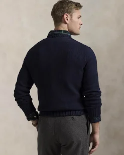 Maglione Polo Ralph Lauren blu girocollo in misto cotone e cachemire con Polo Bear ricamato davanti