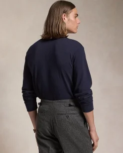Maglione Polo Ralph Lauren blu girocollo in misto cotone e cachemire con Polo Bear ricamato davanti