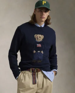 Maglione Polo Ralph Lauren blu girocollo in misto cotone e lino con Polo Bear ricamato davanti