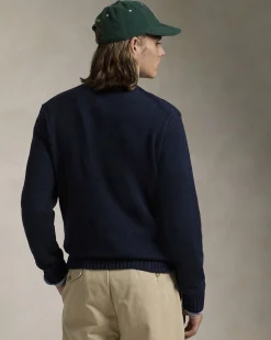 Maglione Polo Ralph Lauren blu girocollo in misto cotone e lino con Polo Bear ricamato davanti