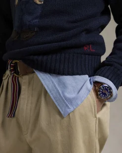 Maglione Polo Ralph Lauren blu girocollo in misto cotone e lino con Polo Bear ricamato davanti