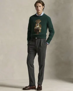 Maglione Polo Ralph Lauren verde girocollo in misto lana e cachemire con Polo Bear ricamato davanti