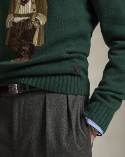 Maglione Polo Ralph Lauren verde girocollo in misto lana e cachemire con Polo Bear ricamato davanti