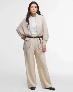 Mantella Barbour Tabitha beige in lana e viscoa con frange al fondo