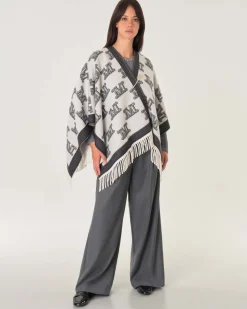 Mantella in doppio tessuto di pura lana a motivo monogramm color bianca e nera con spilla da balia in strass