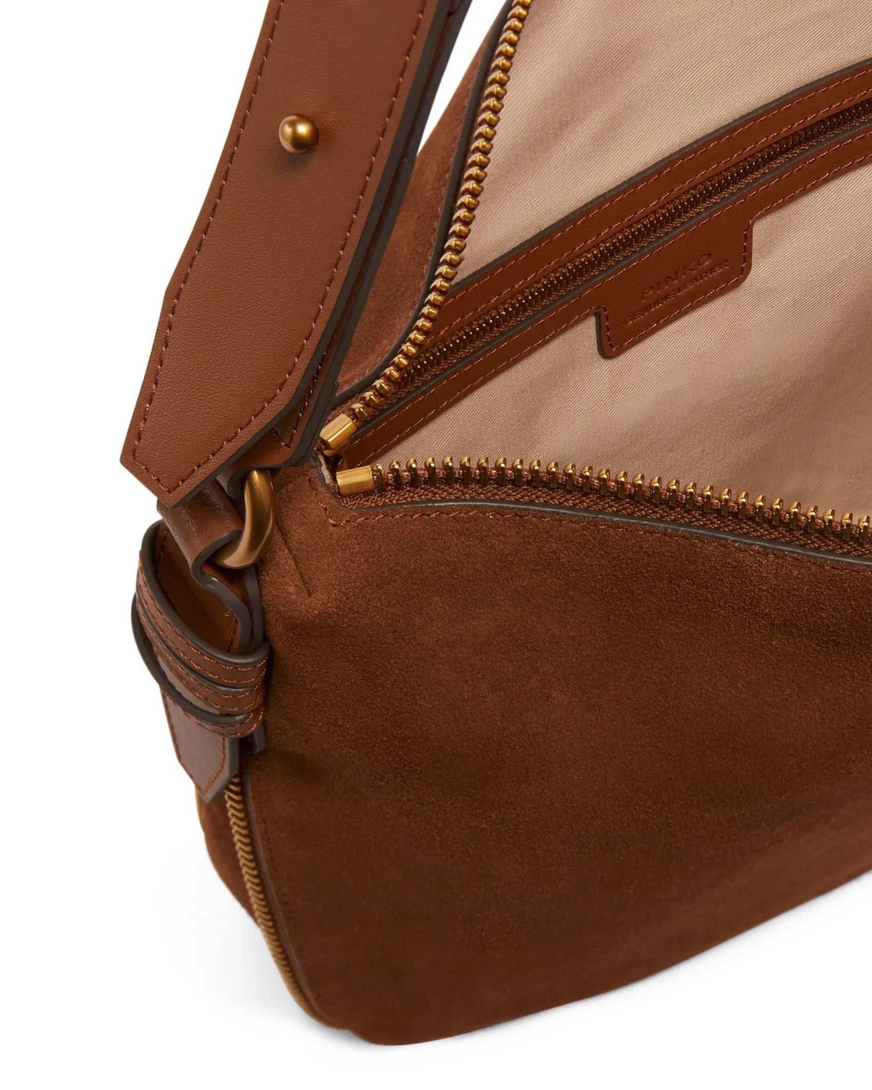 Maxi hobo bag Pinko color cuoio in suede con tracolla in pelle liscia con apertura a cerniera sul fondo