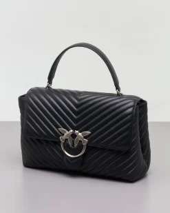 Maxi Lady Bag in pelle nera con motivo a chevron e manico a mano e fibbia Love Birds argento