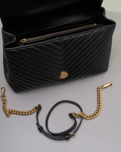 Maxi Lady Bag in pelle nera con motivo a chevron e manico a mano e fibbia Love Birds dorata