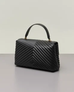 Maxi Lady Bag in pelle nera con motivo a chevron e manico a mano e fibbia Love Birds dorata