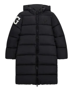Maxi piumino Guess in nylon nero trapuntato con cappuccio e maxi logo bianco sul retro
