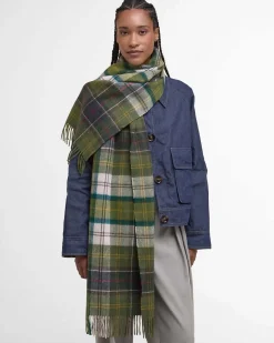 Maxi sciarpa Barbour modello Serena a fantasia tartan verde e avorio in lana di agnello