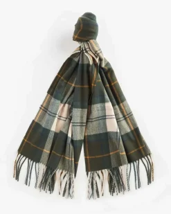 Maxi sciarpa Barbour modello Stanway a fantasia tartan verde e avorio con frange al fondo