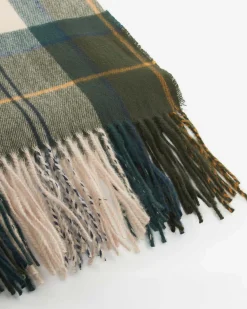 Maxi sciarpa Barbour modello Stanway a fantasia tartan verde e avorio con frange al fondo