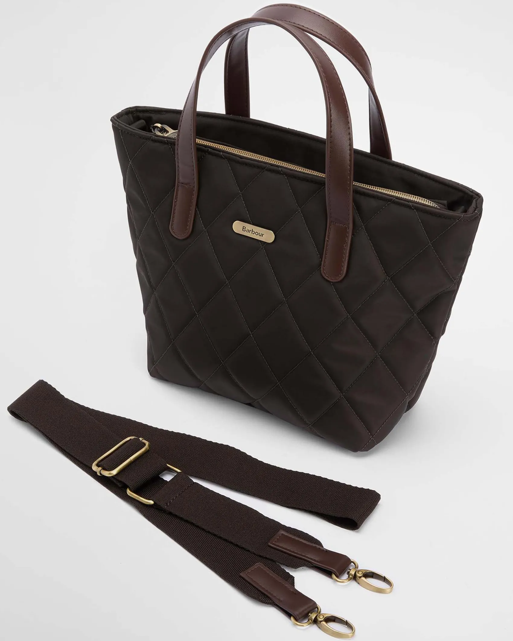 Mini bag verde militare Barbour in nylon trapuntato con tracolla più lunga staccabile