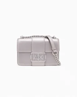 Mini borsa a tracolla Armani Exchange grigia in similpelle effetto metallizzato con catena metallica e fibbia logo