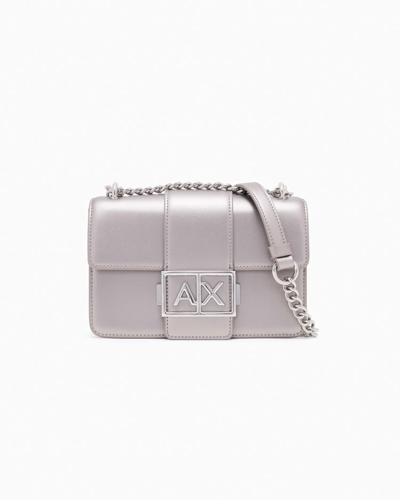 Mini borsa a tracolla Armani Exchange grigia in similpelle effetto metallizzato con catena metallica e fibbia logo